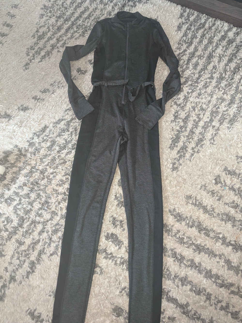 aerie Black Long-Sleeve Zip Jumpsuit with Waist Tie